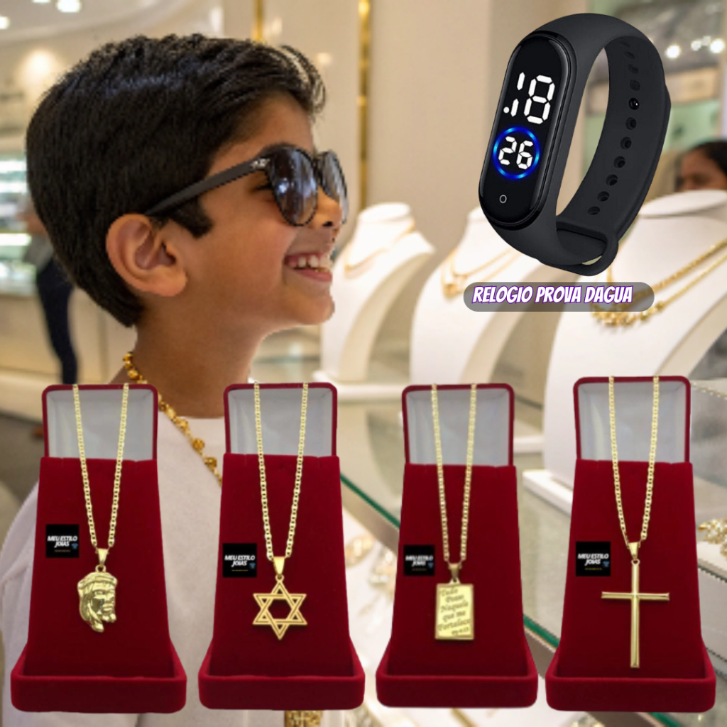 Colar Infantil  Com Pingente Cruz Palito  Colar  Piastrini  3mm Banhado a Ouro + Relógio Digital Prova Dagua