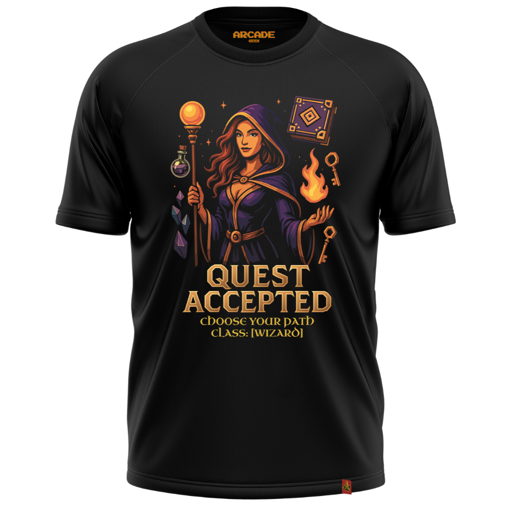 CAMISETA ARCADE GEEK GAMER RPG QUEST ACCEPTED WIZARD MAGO CHOOSE YOUR PATH XP DRAGONS