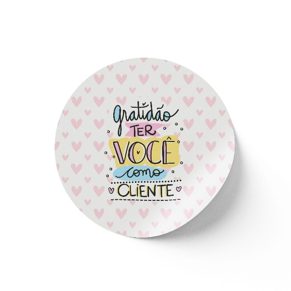 Tag Adesiva Redonda "Gratidão por Ter Você como Cliente" | Impressão de Alta Qualidade | Fundo Branco com Corações Rosa