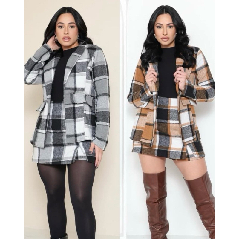 Conjunto Xadrez Blazer e Short Saia • Tendência Inverno Disponível Preto e Caramelo M/G