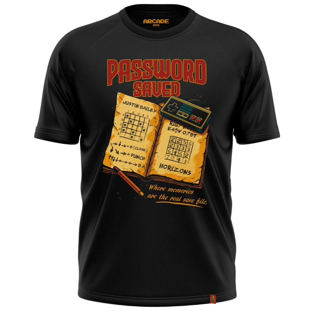 Camiseta Arcade Geek Gamer Password Saved Nostalgia Retro Nerd Memories Save File