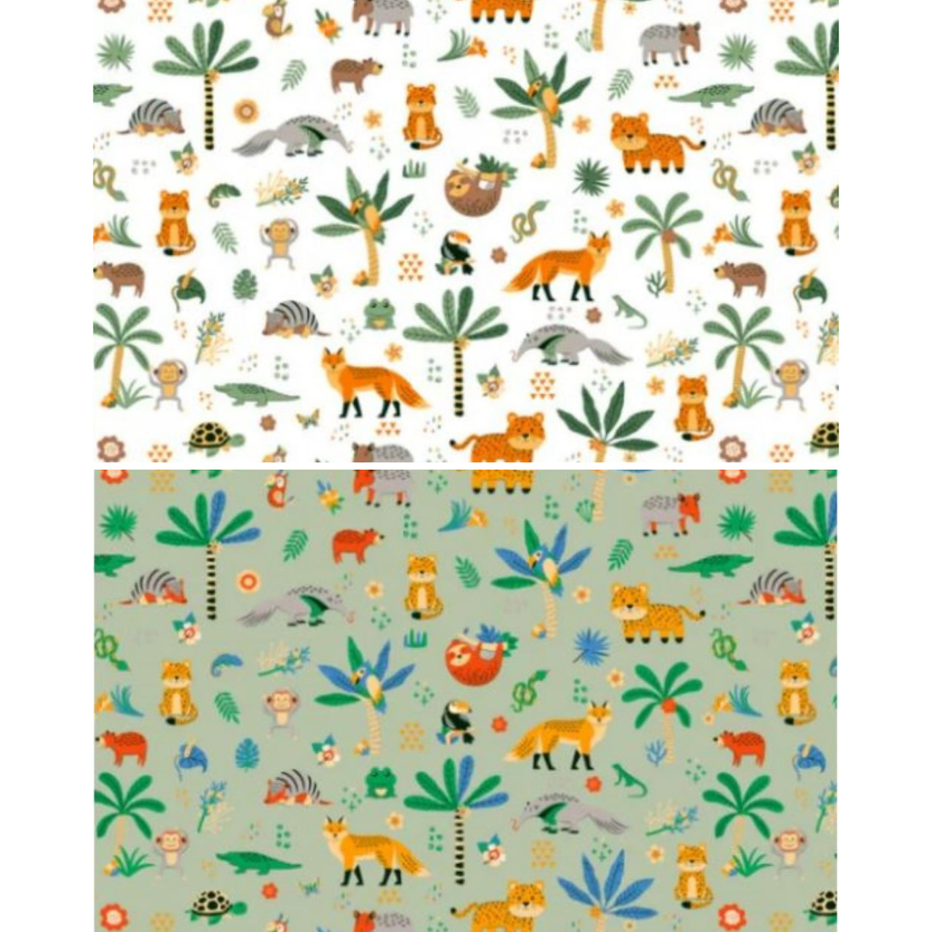Tricoline 100% Algodão Branco Coleção Pantanal Estampado Animais e Plantas Tecidos Caldeira 1 metro