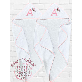 Kit 2 Toalha De Banho Personalizada Inicial Nome Do Bebe C/ Capuz Menino Menina Bordado 100% Algodão