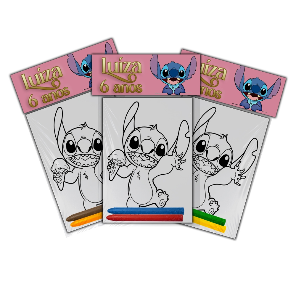 Kit Colorir Giz De Cera Lembrancinha Festa Infantil Personalizado Stitch