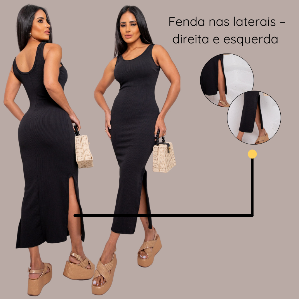 Vestido Midi Canelado Regata Larga Com Fendas Laterais Feminino