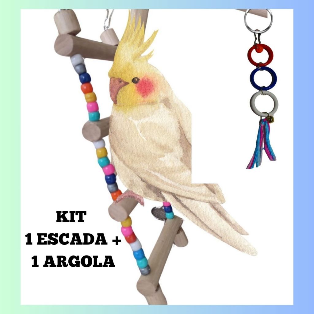 Kit 2 Brinquedos Para Calopsita Escada + Pendulo De Argola Gaiola Ninho Aves Periquitos Rinq Neck.
