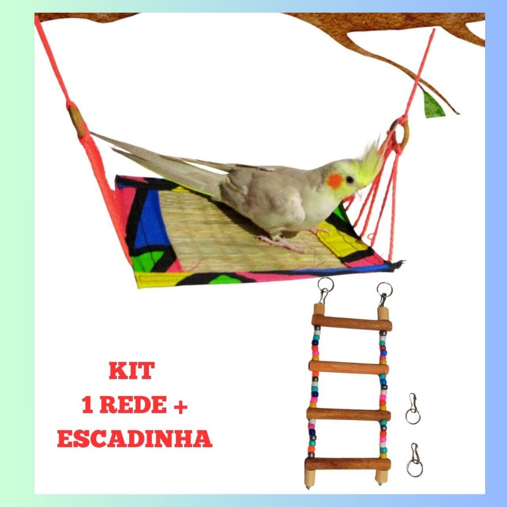 Kit 2 Brinquedos Para Calopsita  Rede + Escada Ponte De Madeira Para Gaiola Ninho Aves Periquito Agapornis, Rinq Neck.