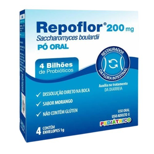 Repoflor 200mg Probiótico c/4 sachês de 1g. Sabor Morango Legrand