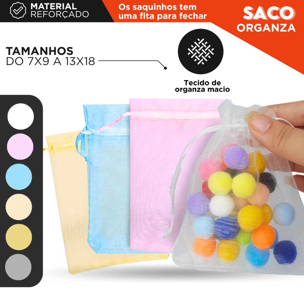 Saquinho de Organza 7x9/9x12/10x15/13x18cm – P/ Lembrancinhas | Cores Sortidas C/10 Unidades | Av em Oferta na Shopee
