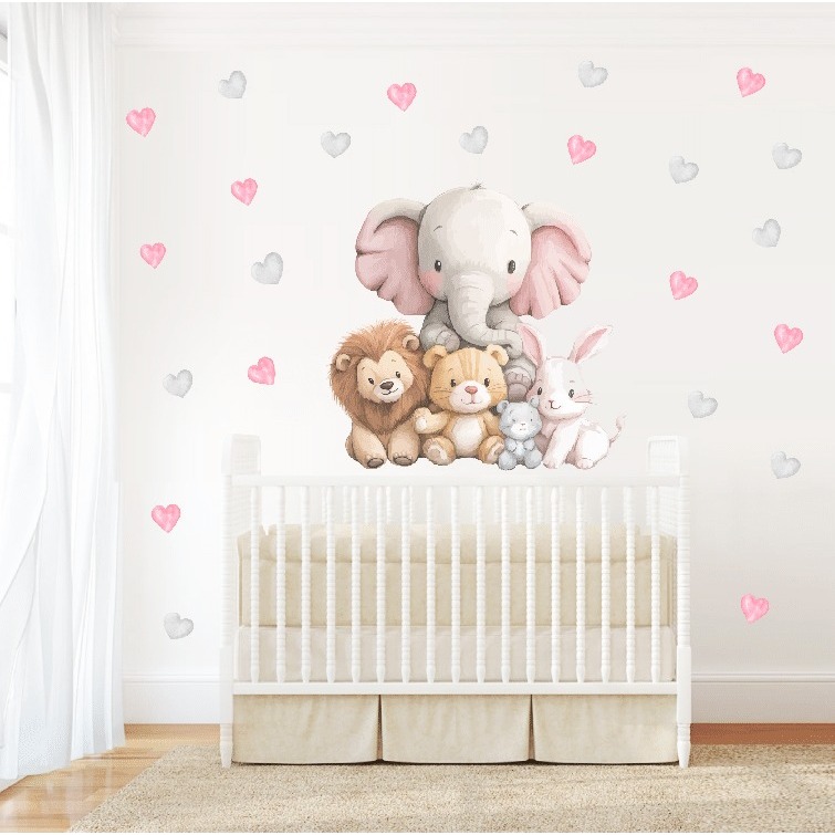 Adesivo decorativo Infantil Elefante e bichinhos e coração rosa e cinza para quarto de menina