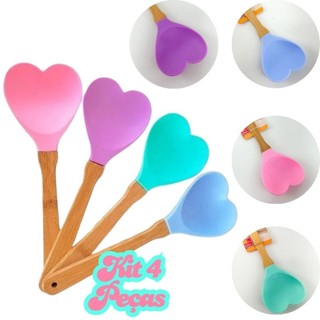 kit 4 Peças Colher Candy Coração Grande Plus Espátula Bambu Silicone Love Cozinha