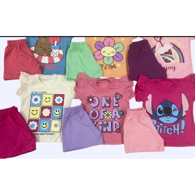 kit sortido 4 peças menina conjunto roupa infantil 2 blusa+ 2 short cores divertidas