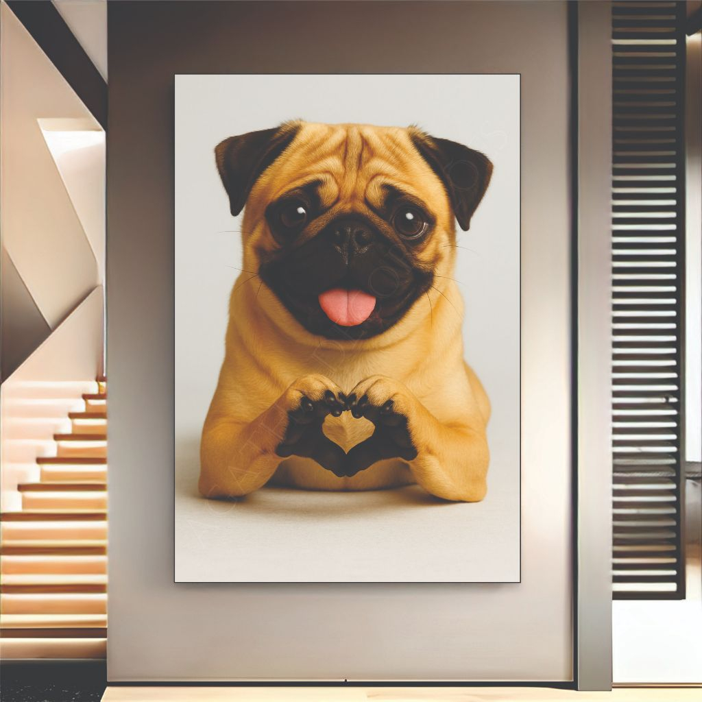 Quadro decorativo LOVE PET cão Pug coração pet shop consultório veterinário banheiro sala quarto