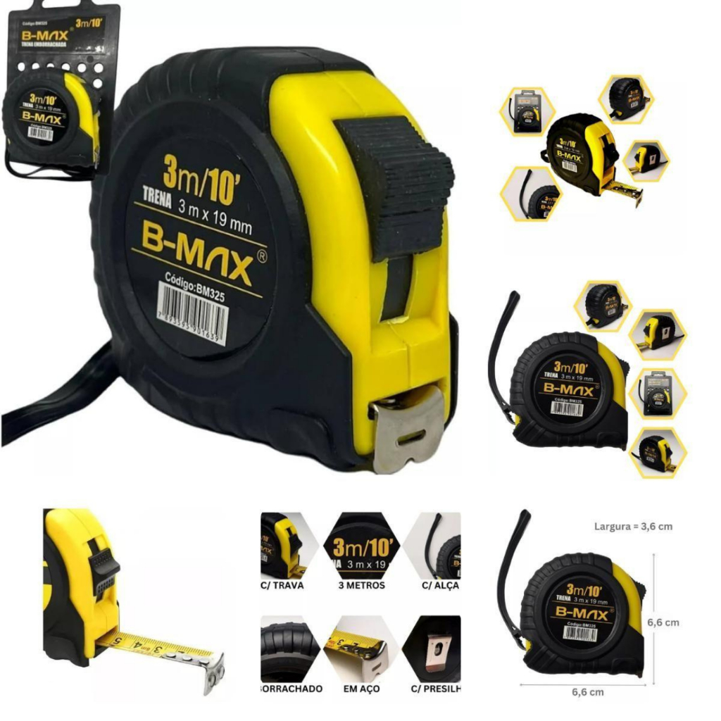 Trena B-TEK 5m x 25mm Fita de Aço com Trava Automática e Case Emborrachado Profissional