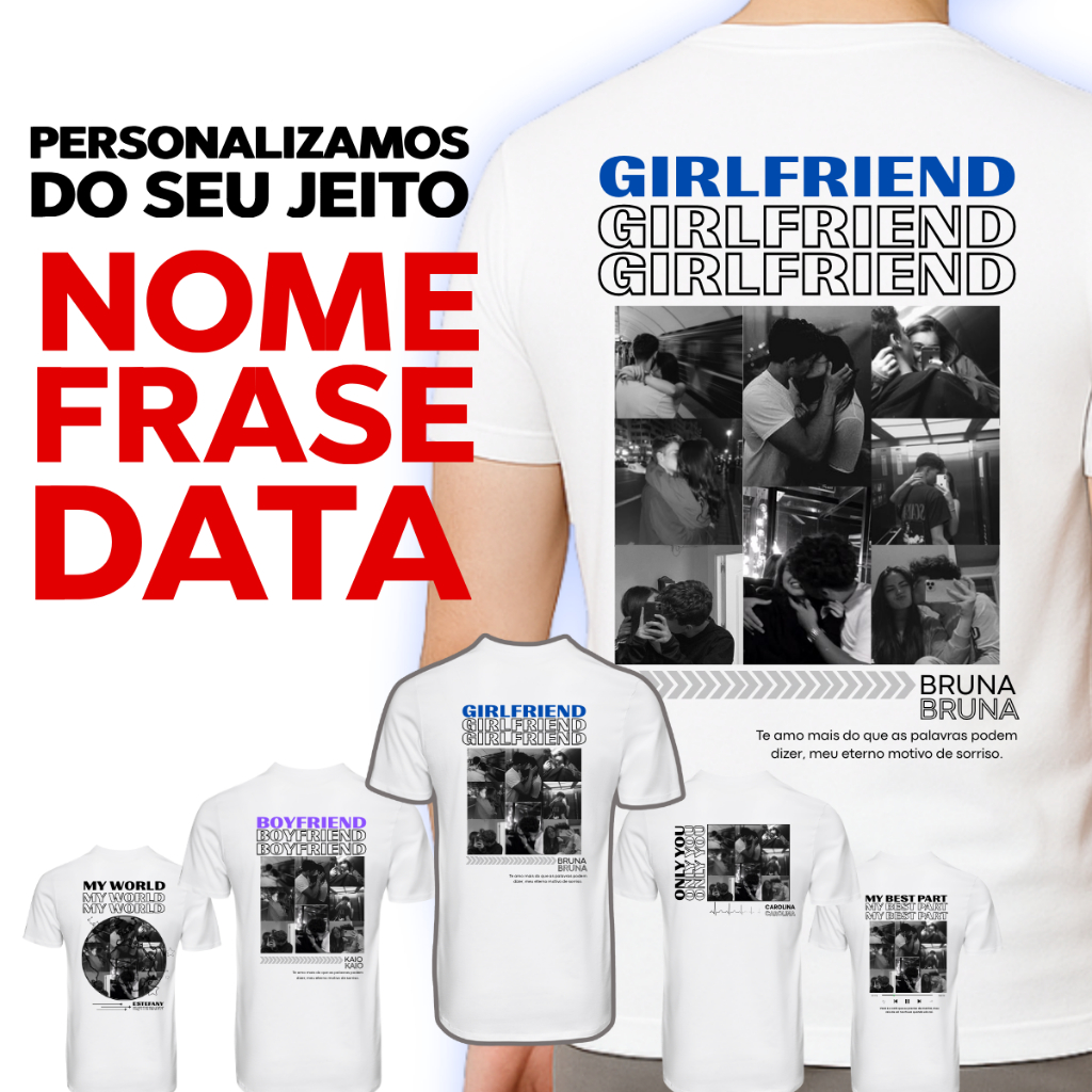 Camiseta Personalizada Dia dos Namorados Com Foto, Nome, Frase e Data Presente Criativo Romântico