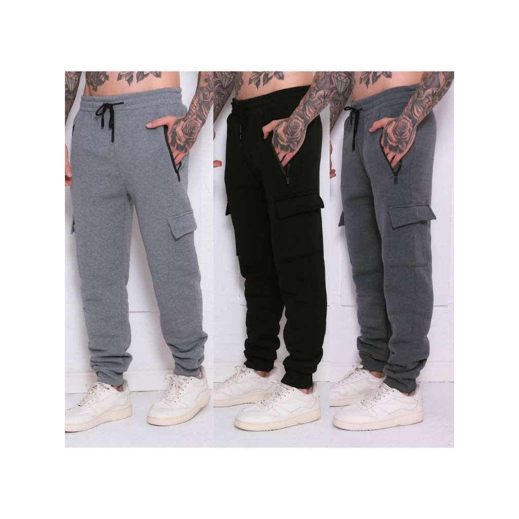 Kit  2 peça Calça moletom  cargo com lã masculinas /Bolsos com ziper /Cintura elástica entre  3cores aleatório 2 peça