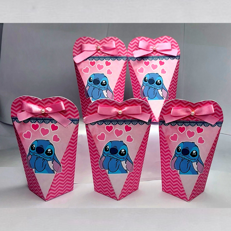 STITCH Kit 50 Lembrancinhas Caixinhas de Aniversário Personalizadas Kit Festa Decoração STITCH Rosa Caixinha Coração
