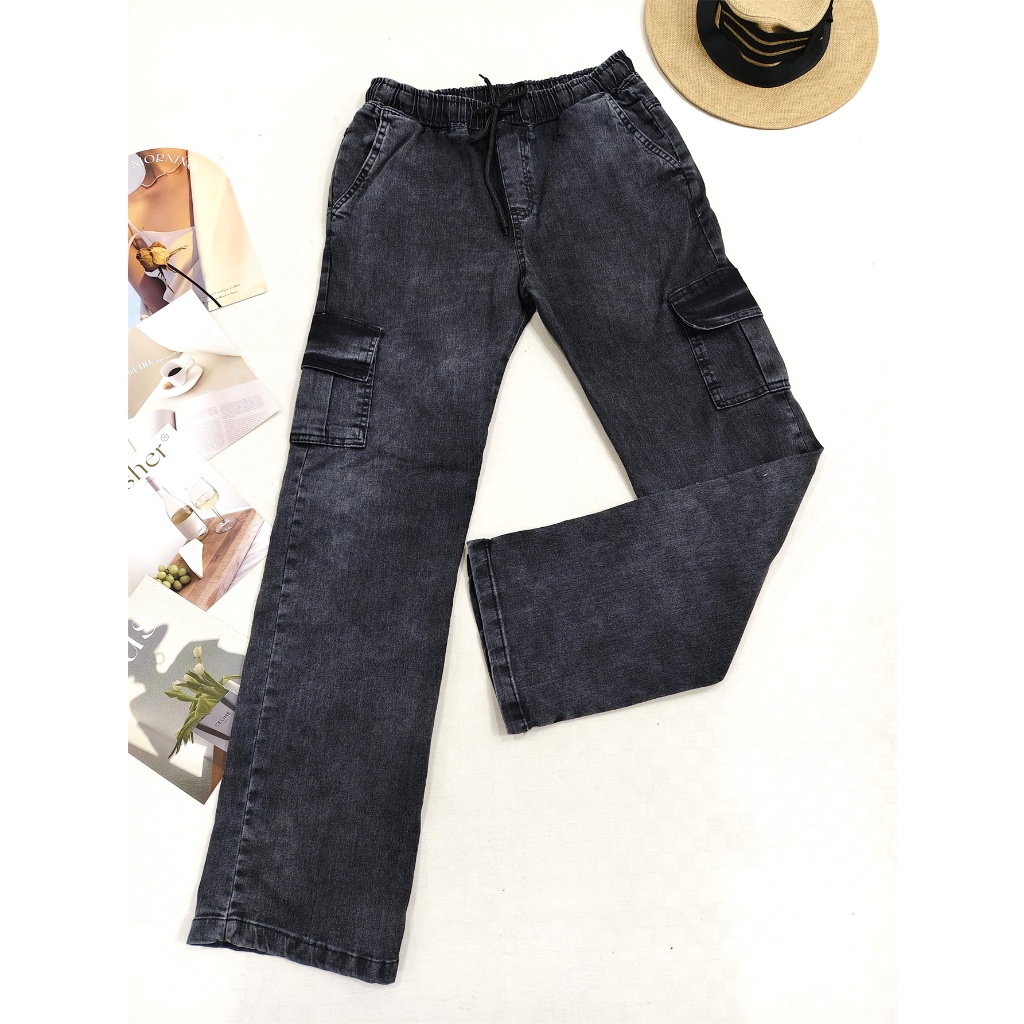 Calça Cargo Masculina Jeans Cós Elástico Larga Streetwear Estonada grafite