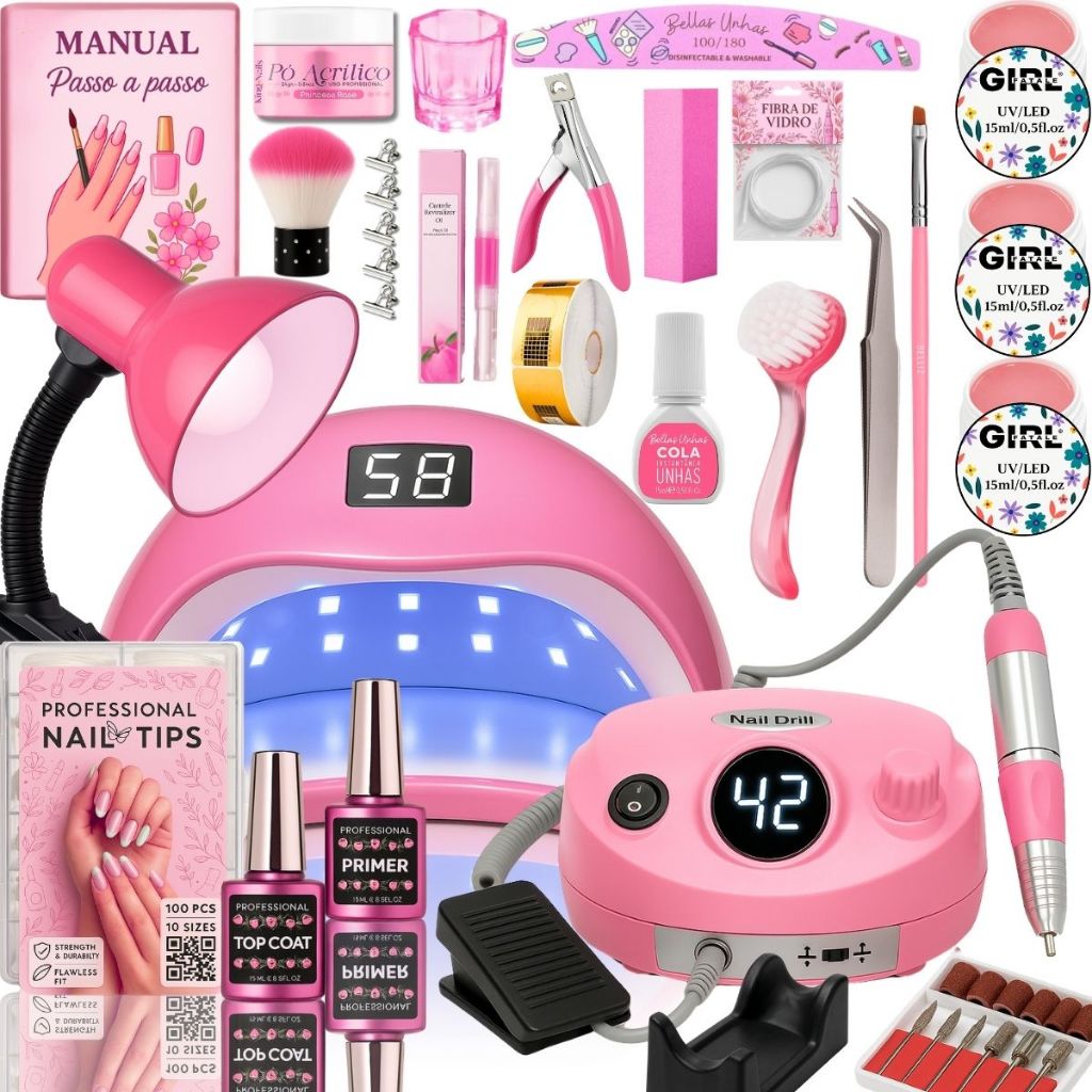 Kit Unhas Gel Completo Lixadeira Eletrica Motor Porquinho Cabine Sun5 - Envio Imediato