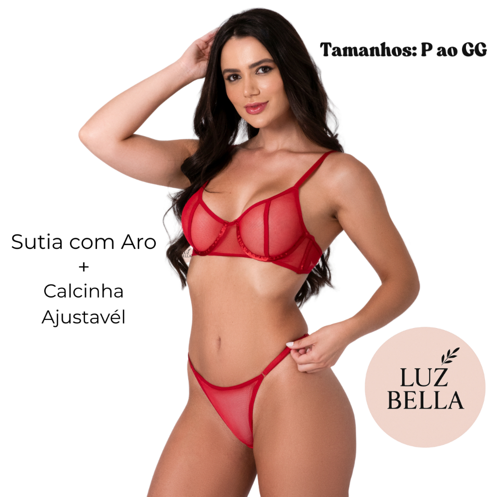 Conjunto Sensual Tule Sem Bojo Sutiã Meia-Taça c/ Aro + Calcinha Ajustável