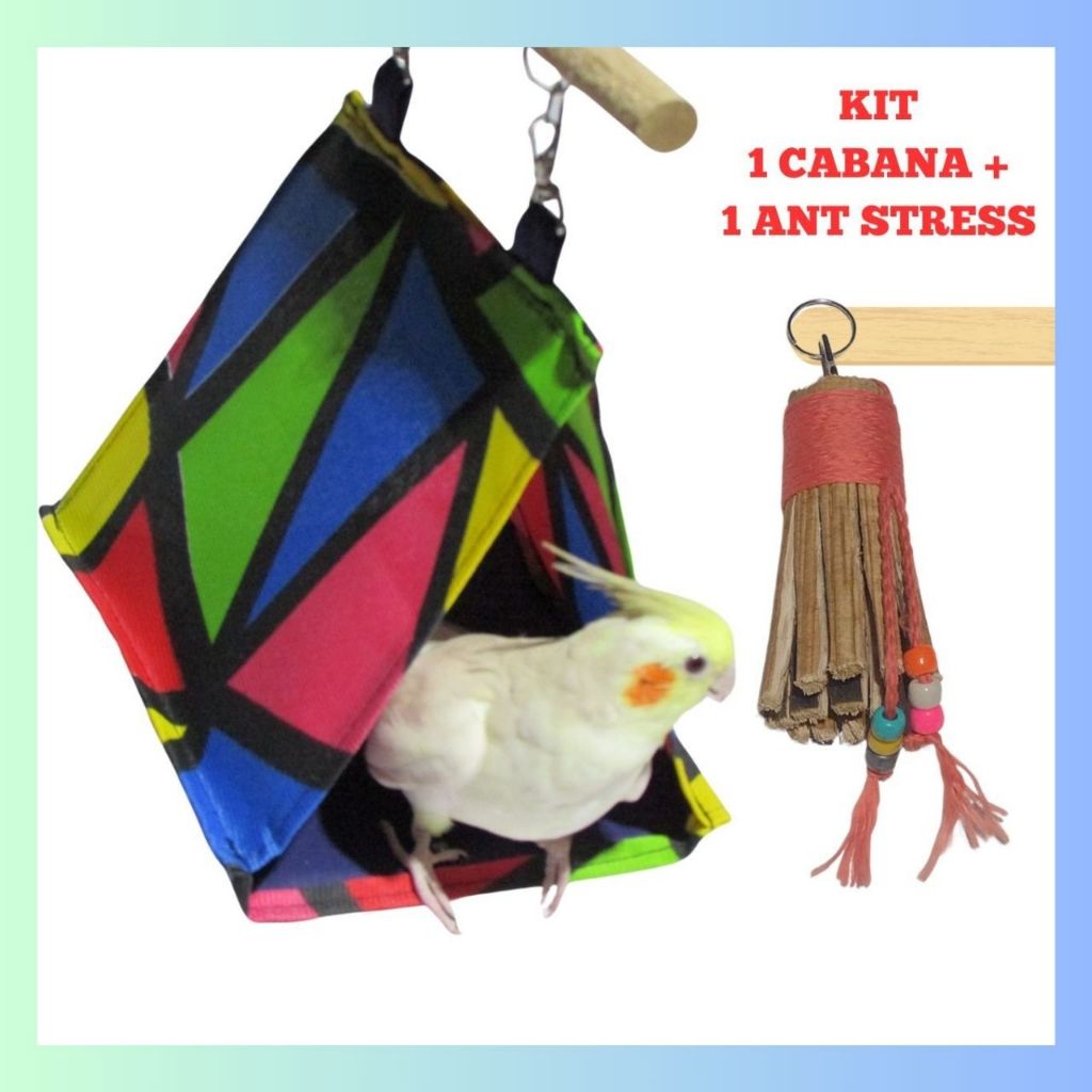 Kit 2 Brinquedos Para Calopsitas Anti-stress + Cabana Ninho ,De Gaiola Para Aves Periquito Rinq Neck Agapornis Caturra