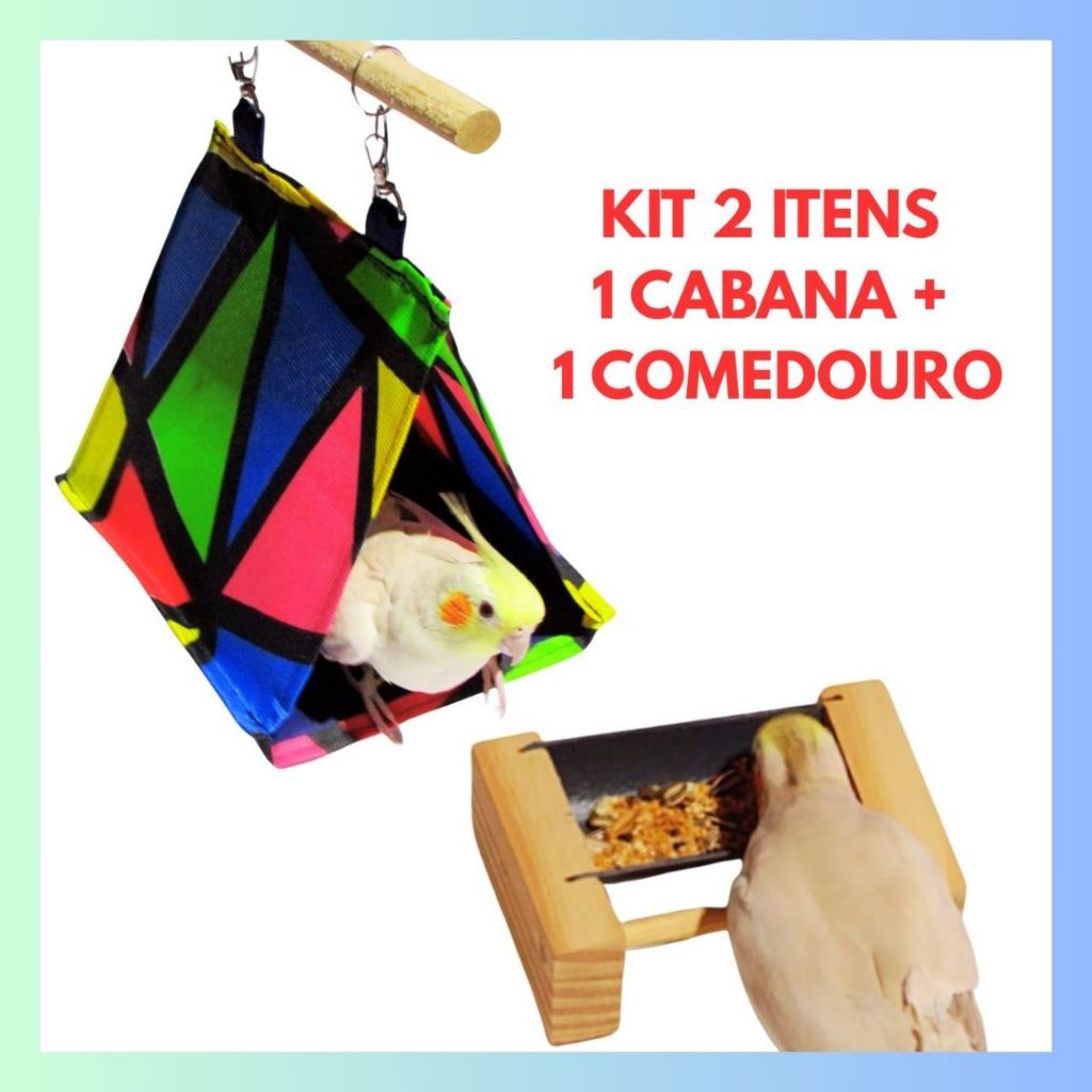 Kit com 2  Brinquedos Para Calopsita Cabana + Comedouro De Gaiola Passaros Ninho Periquitos Rinq Neck, Caturra.