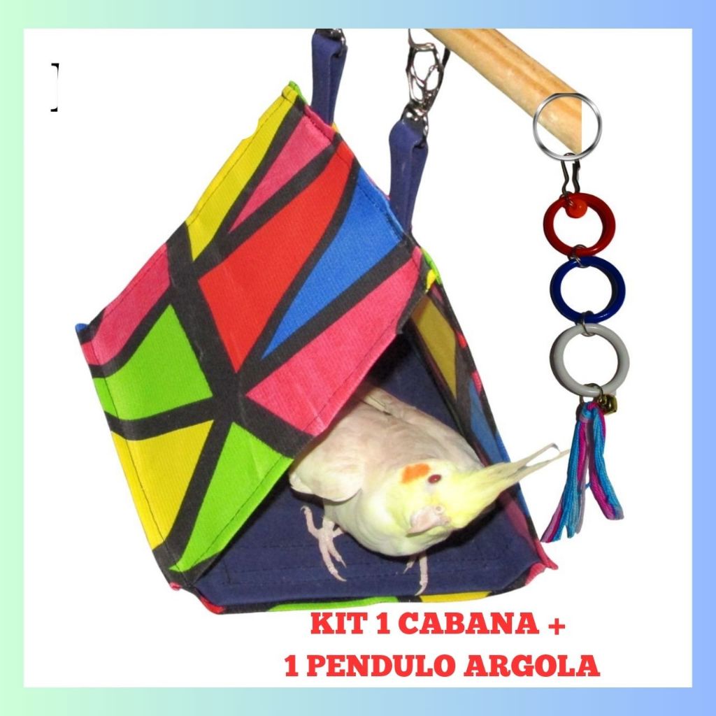 Kit 2  Brinquedos Para Calopsita Cabana + Pendulo De Argolas Gaiola  Aves Ninho Caturra Periquito Rinq Neck.
