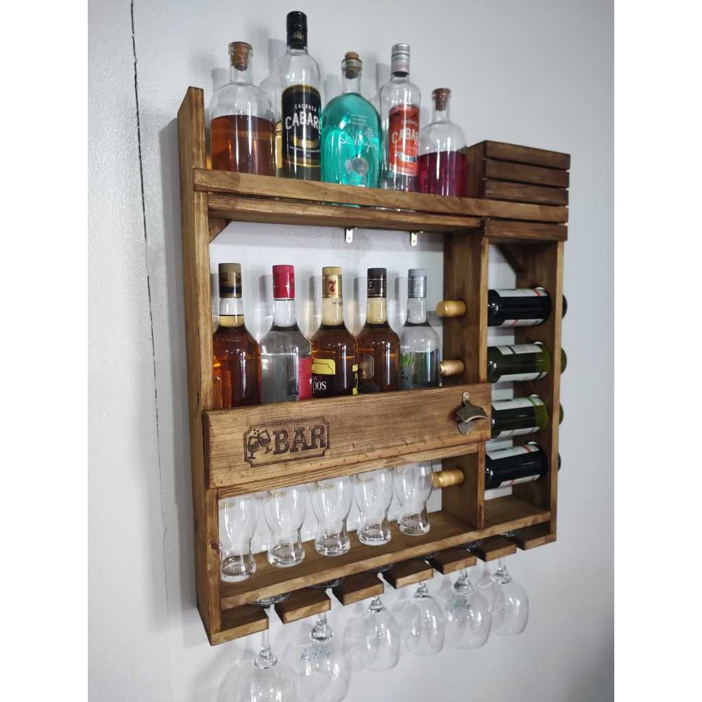 Adega Bar de Parede para Taças e Garrafas com Porta Rolha e Abridor 70x77 - BA7077B em Oferta na Shopee