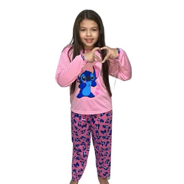 Pijama de frio stitch infantil feminino calça estampada blusa de manga comprida inverno personagens longo malha