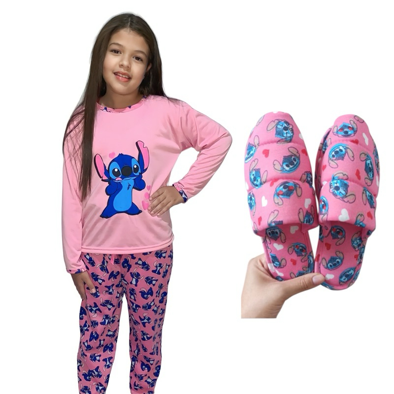 Kit Pijama Stitch longo Infantil + Pantufa Infantil Blogueirinha Estampa Personagens de fr...