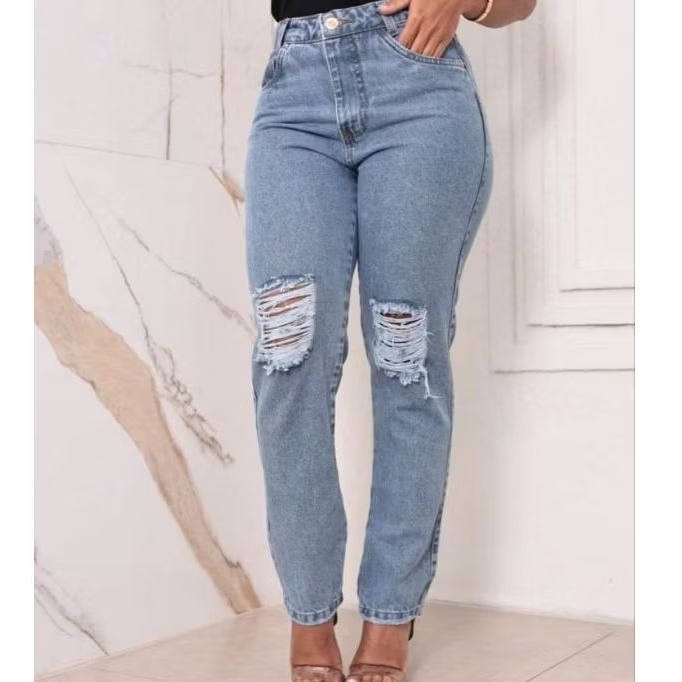 calça mom jeans feminina cintura alta jeans grosso calça rasgada