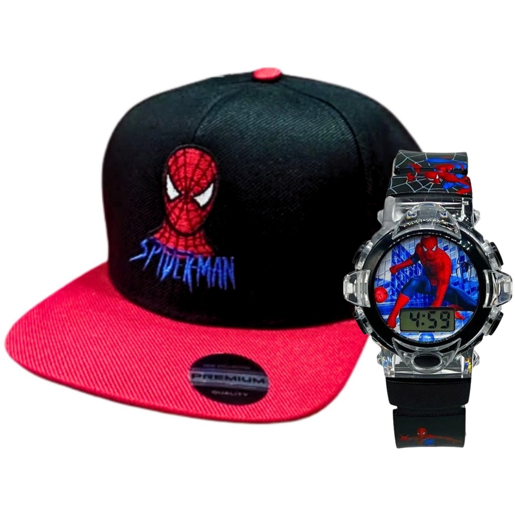 Boné e Relógio Digital Infantil Chapéu Homem Aranha Luz Criança Menino Menina Esportivo LED
