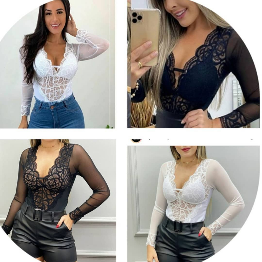 Body Preto de Renda e Tule Transparente | Body Feminino Sexy Manga Longa Elegante Tendencia2026**$