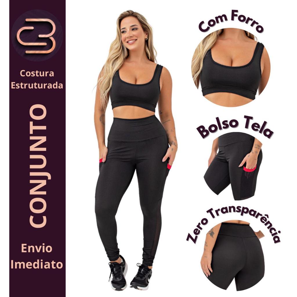 Conjunto Fitness Feminino Academia Top Forrado Legging Cós Alto com Bolso treino  Zero Transparência