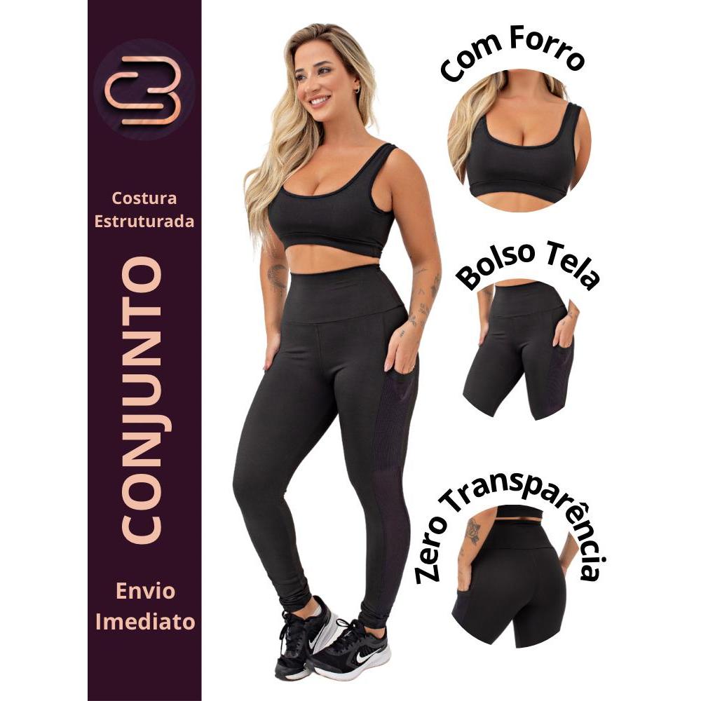 Conjunto Fitness Feminino Academia Top Forrado  Legging Cós Alto com Bolso Treino Zero Tra...