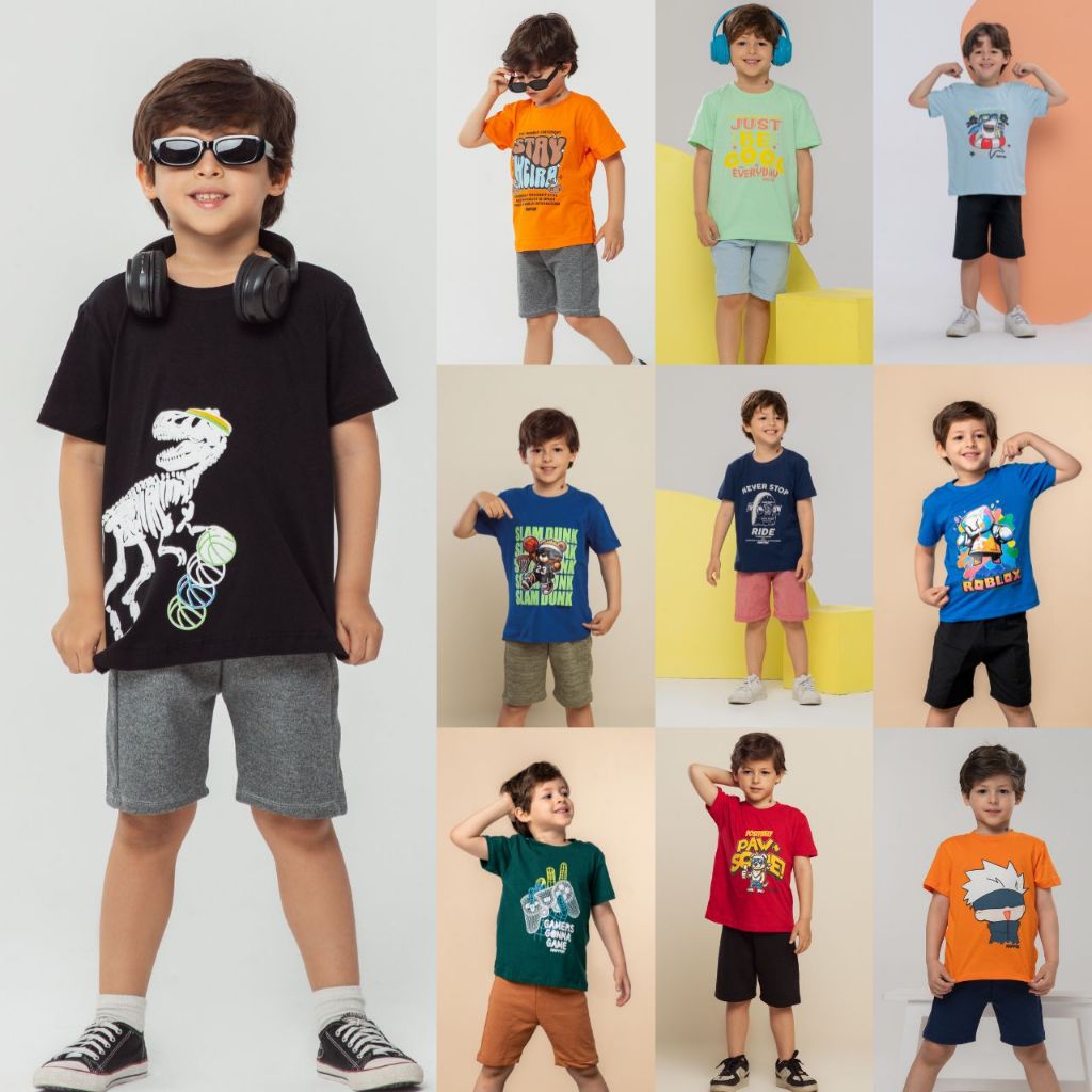 Kit Sortido 8 Peças de Roupas Infantil Menino 4 Camisetas + 4 Bermudas - Kit com 4 Conjuntos de Roupa Infantil Menino