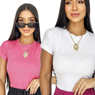 Kit 2 Blusas Canelada Manga Curta Tomoçao Têndencia