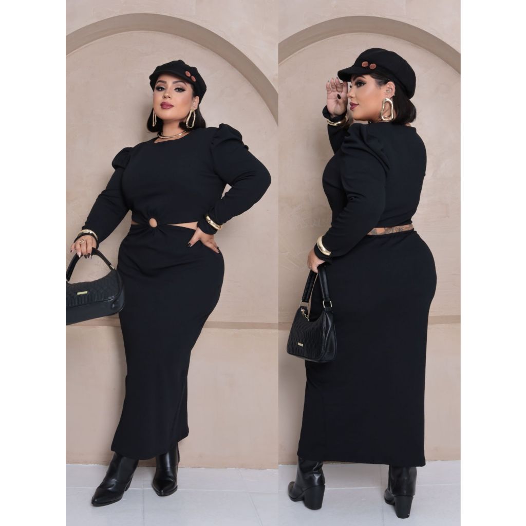 VESTIDO PLUS SIZE LONGO MANGA PRINCESA TECIDO ANARRUGA COM DELHATE DE ARGOLA NA FRENTE E MANGA BUFANTE ENVIO IMEDIATO