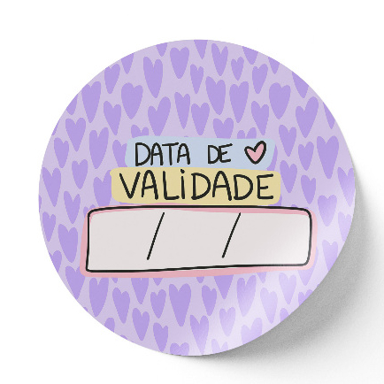 Tag Adesiva Redonda "Data de validade" | Impressão de Alta Qualidade | Fundo roxo com corações roxos