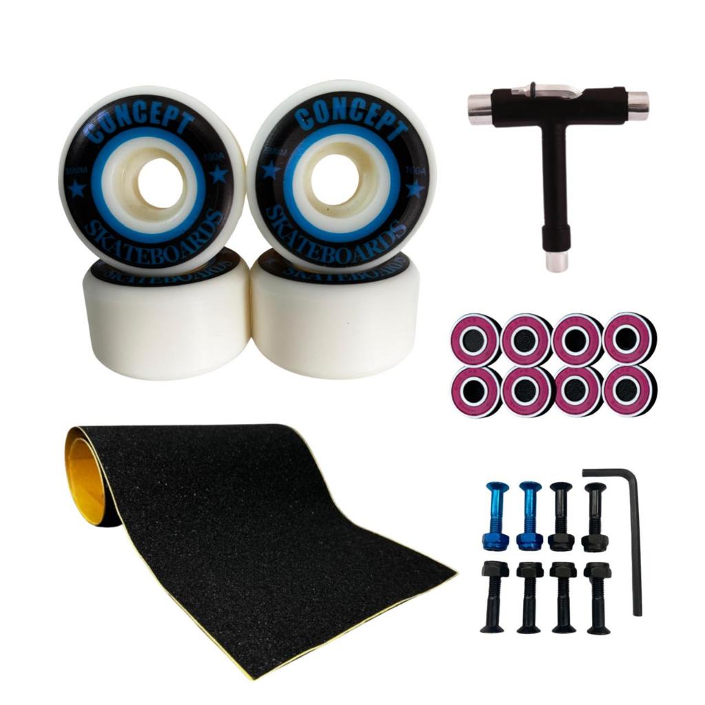 Kit para skate roda profissional 55mm lixa emborrachada chave T rolamento abec15 parafuso colorido