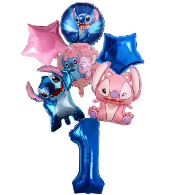 Kit  c/7 balões Lilo Stitch angel mede 32 cm/ estrela/ redondo/ mede 45 cm/ número mede 40 cm