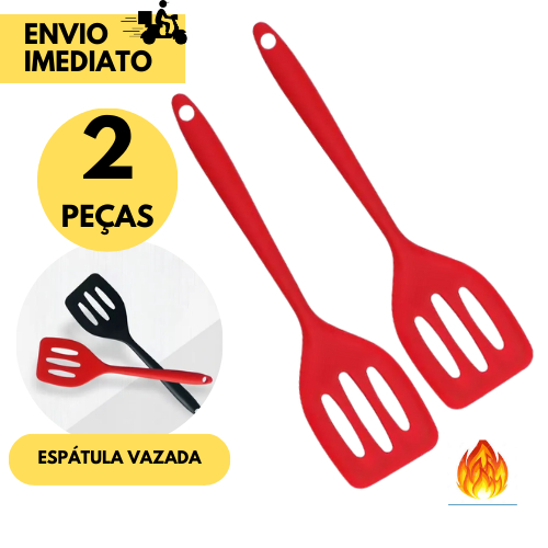 Kit 2 Espátula Vazada de Silicone Vermelha Resistente Antiaderente Cozinha Alta Temperatura Grelha
