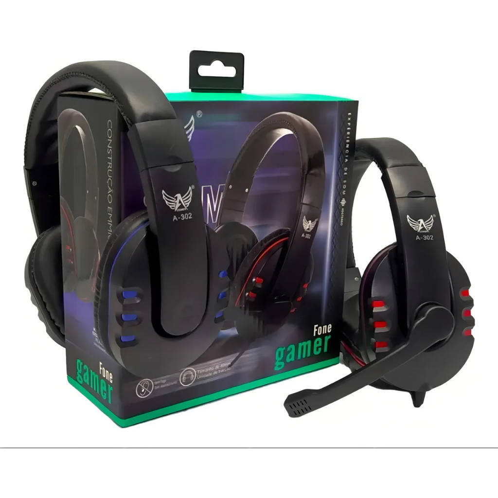Fone De Ouvido Headset Gamer Com Microfone E Entrada P2 Rgb Cor Azul e Vermelho Luz Colorida
