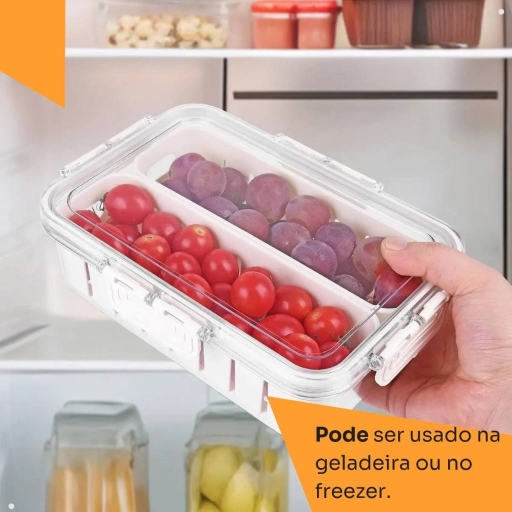 Pote Hermético Cesto Organizador Geladeira Armário Despensa Com Tampa Transparente 2 Compartimentos