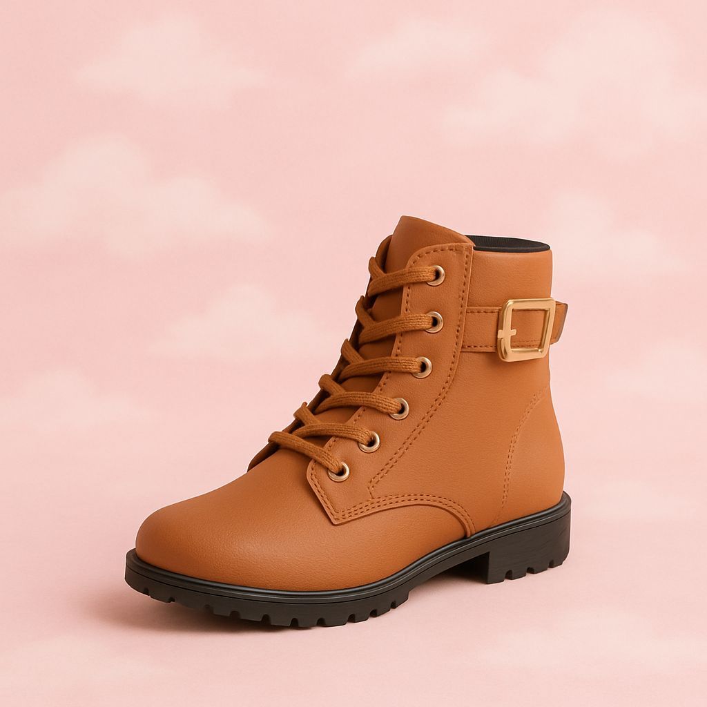 Bota Coturno Feminino Confortavel Menina Fivela Cabarço Marrom Caramelo