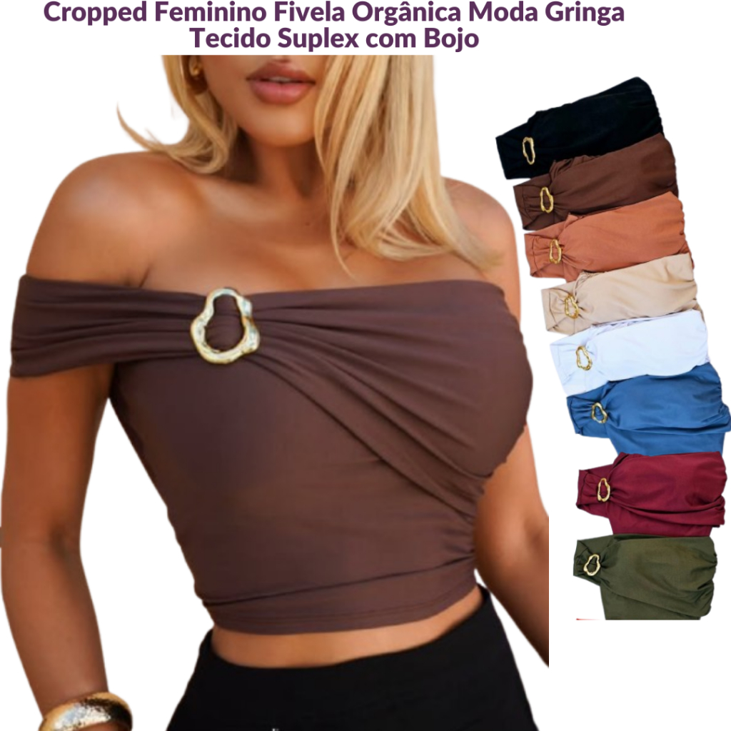 Blusa Cropped Feminino Fivela Orgânica Moda Gringa Tecido Suplex com Bojo