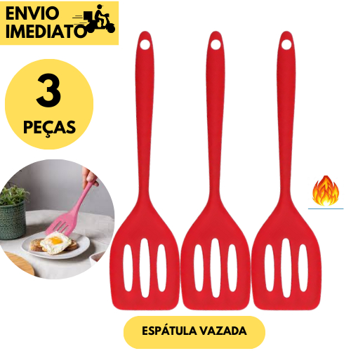 Kit 3 Espátulas Vazada de Silicone Vermelha Resistente Antiaderrente Cozinha Alta Temperatura Grelha