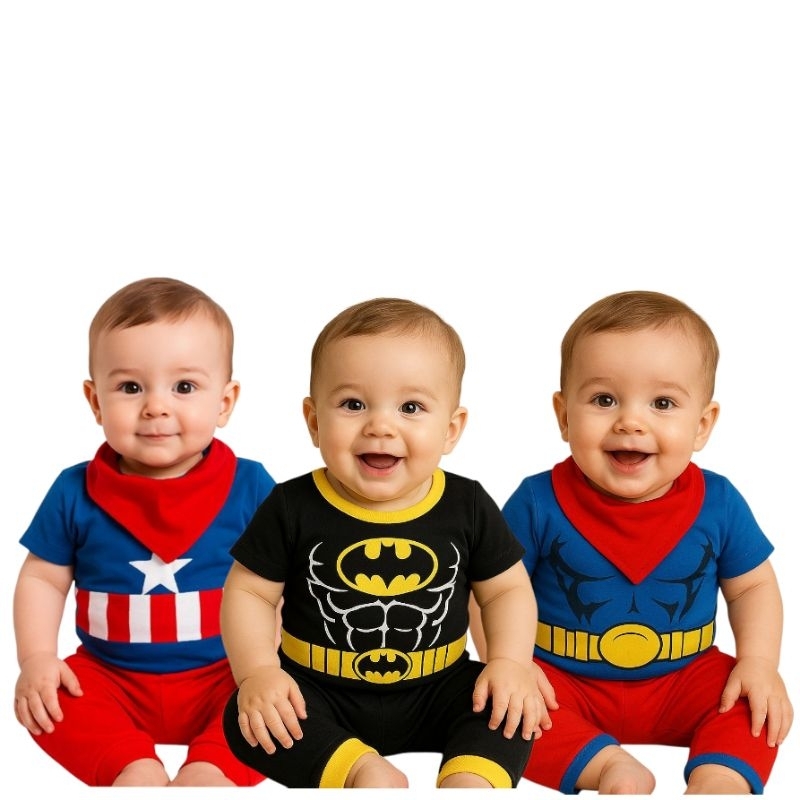 Roupa bebê recém nascido menino 3 peças Super Herois Body calça e bandana