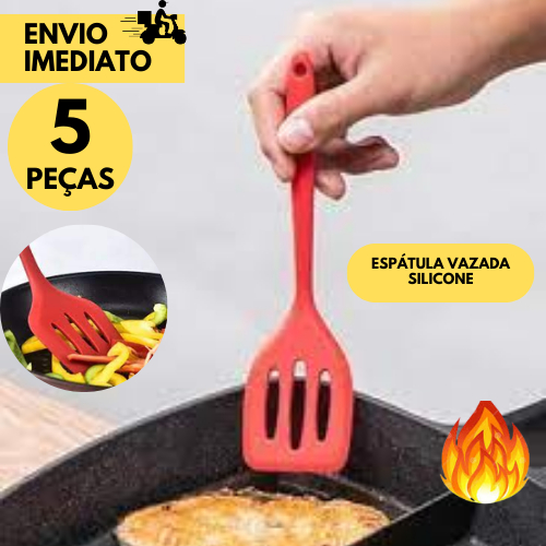 Kit 5 Espátula Vazada de Silicone Vermelha Resistente Antiaderrente Cozinha Alta Temperatura Grelha