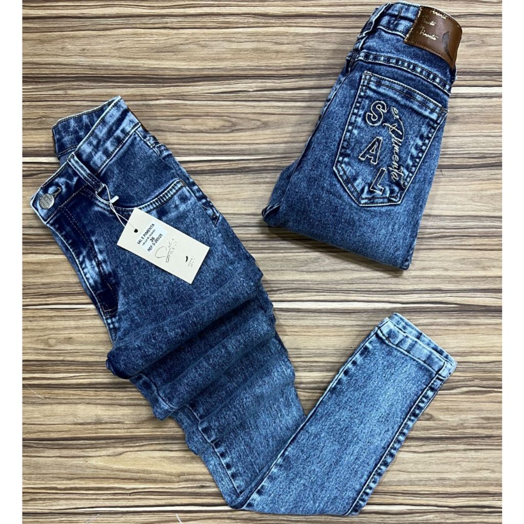 Calça Jeans Feminina Pimenta Original - Sal e Pimenta Skinny Básica e Premium Cintura Alta Elastano Detalhe Bordado em Oferta na Shopee